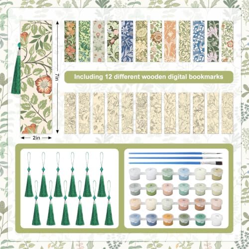 FYSUIMU 12Pcs Wooden Floral Paint by Number Kits Flower DIY Oil Painting Bookmarks with Tassels for Kids Adults Book Lovers DIY Crafts Supplies, 7 x 2 Inch