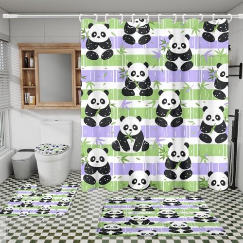 Funny Cute Japanese Panda 4 Piece Shower Curtain Sets,Abstract Cartoon Baby Panda Bears Non-Slip Rugs,Toilet Lid Cover and Bath Mat,Spring Forest Bamboo Print Bathroom Decor Set