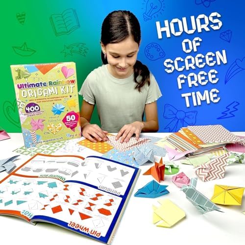 BRYTE Ultimate 450 Sheets Rainbow Origami Paper Kit Double Sided, 400 Sheets Solid Color Paper with 50 Origami Paper, Large 46 Page Illustrated Guide Book, Arts and Crafts for Kids Ages 8-12