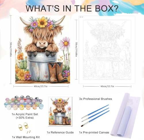 Natuyalo Highland Cattle Paint by Numbers Kits for Adults - Yak Flowers Paint by Number Adult, Animals Canvas Paint by Numbers for Adults, DIY Acrylic Painting Kits for Gifts Home Decor 16x20 inch