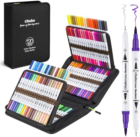 Ohuhu Adult Coloring Book Markers 120 Color Dual Tip Water-Based-Maui-White | No Bleed Coloring Markers Fineliner & Brush Drawing Pens Art Pens for Kids Adults Sketch Journal