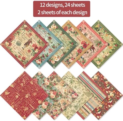 6x6" Cardstock Single Sided Scrapbooking,Craft Decorative Scrap Book Paper | 160gsm,24-Sheet 12Patterns Colored Paper,Junk Journal Supplies,Vivid Origami Papers DIY Craft Gift Wrapping Album.Carols
