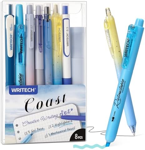 WRITECH Gel Pens Journaling Highlighters: Blue Pastel All-in-One Set 8ct