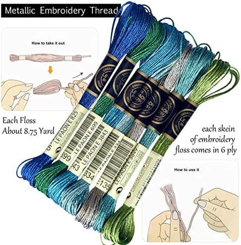 LE PAON Embroidery Floss Metallic Thread (Blue-Green Series)