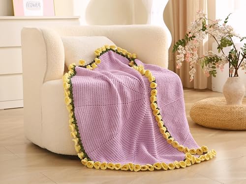 HZYZW Crochet Flower Blanket Kit for Beginners, 40'' Lily of The Valley Bouquet, Blanket Shawl Throw Kits for Adults, How to Knitting with Yarn, Home Decor Gifts for Crocheters (Purple-Yellow Lily)