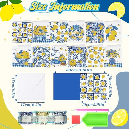 Saillong 12 Pack Lemon Diamond Painting Greeting Cards Kits Summer Capri Italy Lemon Diamond Art Cards with Envelopes Blue Yellow 5D Rhinestones Painting Making Kit for Adult DIY Craft Summer Gifts