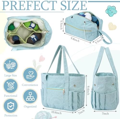 Bulyoou 2 Pcs Crochet Tote and Yarn Bag Set Corduroy Yarn Holder, Blue