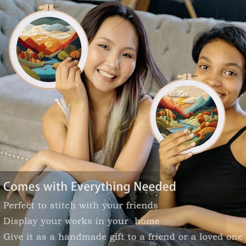 FONNUY Embroidery Kit for Beginners, Brightly Colored Landscape Lake Pre-Stamped Pattern Kits for Adults with Hoop, Easy to Follow Color Thread Needlework, 8'' Hoop (SkyBlue)