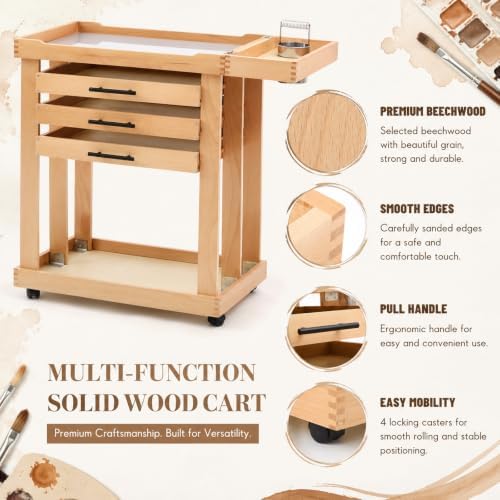 Art Supplies Storage Cart 5-Tier Solid Beech Wood 3 Drawers 4 Rolling Wheel