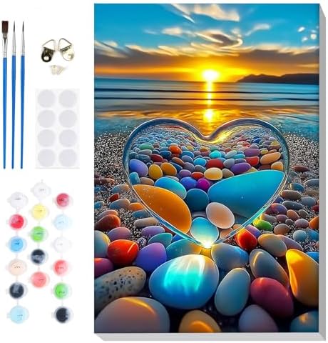 Bowetile Framed Paint by Numbers Sea for Adults Beginners, Adults' Paint-by-Number Landscape Kits, Easy Adult Paint by Number Kits on Canvas, Acrylic Number Painting for Home Decor, 8x12in