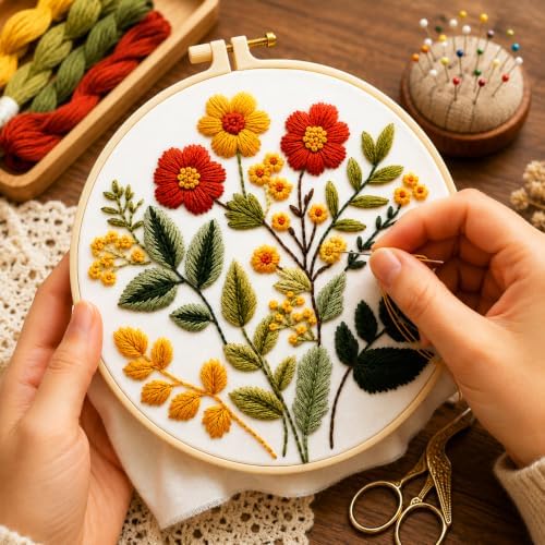 Zhenqing Floral Embroidery Kit for Beginners, Wildflower Botanical Needlework Kit with Pre-Printed Cotton Fabric, Hoop, Threads & Tools, Flower Wall Decor (C0126)