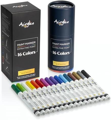 Acrylic Paint Markers Set of 16 Paint Pens – Fine Tip for Fabric, Rock, Metal, Ceramic, Adult Coloring & Art Projects – Art Supplies for Kids & Adults