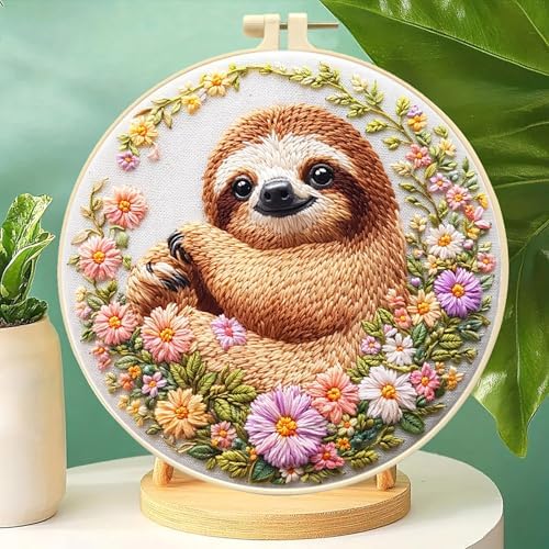 Zhenqing Sloth Embroidery Kit for Beginners, Cute Sloth & Floral Needlework Craft with Pre-Printed Cotton Fabric, Hoop, Threads & Tools, Boho Decor (C0069)