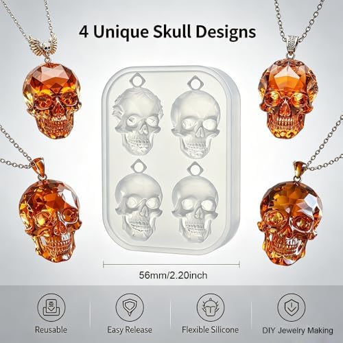 4 Cavity Faceted Skull Pendant Silicone Mold with Hanging Hole, Gothic Epoxy Resin Casting Mould for DIY Necklace Charm Halloween Christmas Jewelry Making (KL02)