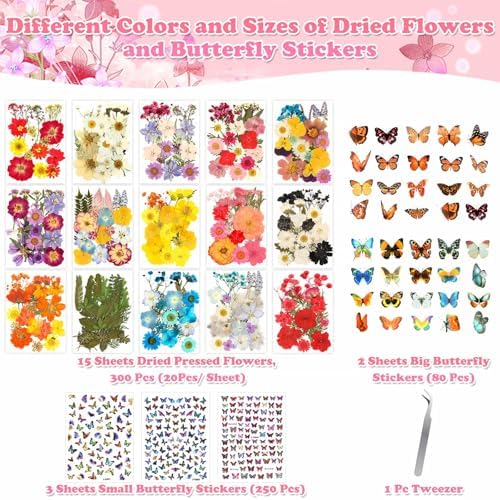 630 Pcs Real Dried Pressed Flowers & Butterfly Stickers for Resin Crafts