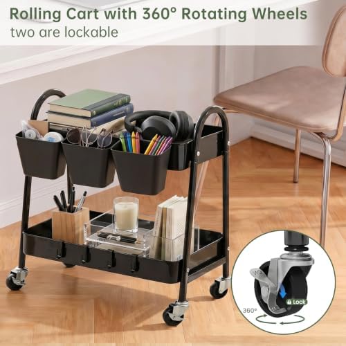 danpinera 2-Tier Rolling Cart, Utility Cart Mobile Metal Rolling Storage Cart with Lockable Wheels & Hanging Cups & Hooks for Kitchen, Bathroom, Office, Workshop, Purple
