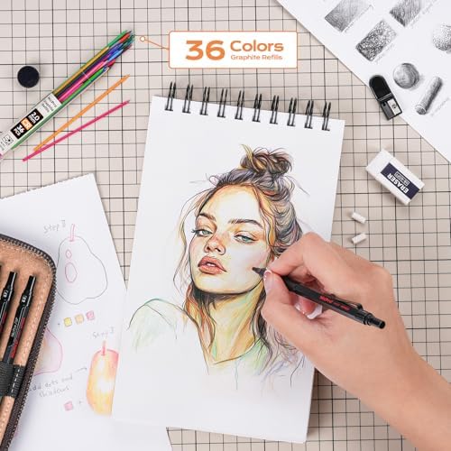 Nicpro 45PCS Black & Silver Metal Mechanical Pencil Set in Leather Case, Art Drafting Pencil 0.5, 0.7, 0.9 mm, 2mm Lead Holders for Sketching Drawing With 27 Tube (6B 4B 2B HB 2H 4H Colors)Lead Refill | Art Drafting Pencil 0.5-0.9 mm, 2mm Lead Pencil H...