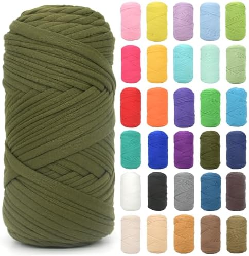 Tshirt Yarn for Crocheting,Army Green T Shirt Chunky Elastic Fabric Thick T-Shirt Crochet Yarn for Beginners Crocheting Hand Knitting Bag/Basket/Coasters/DIY Crafts/Home Decor 200G(Army Green