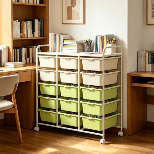 15-Drawer Rolling Storage Cart with Wheels, 2-Color Plastic Drawer Cart | Mobile Organizer Cart, Utility Storage Trolley for Office, Living Room, Craft Room, Bathroom, and Home Organization