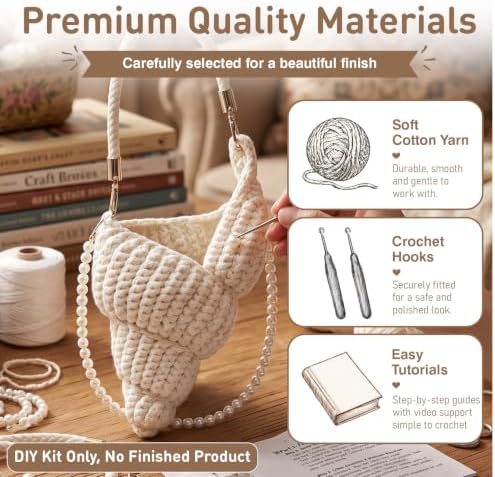 FACE N FACE DIY Crochet Conch Shell Crossbody Bag Kit for Beginners – Handmade Yarn Purse Making Set with Flat Rope, PU Leather Handle, Pearl Chain Strap & Instructions