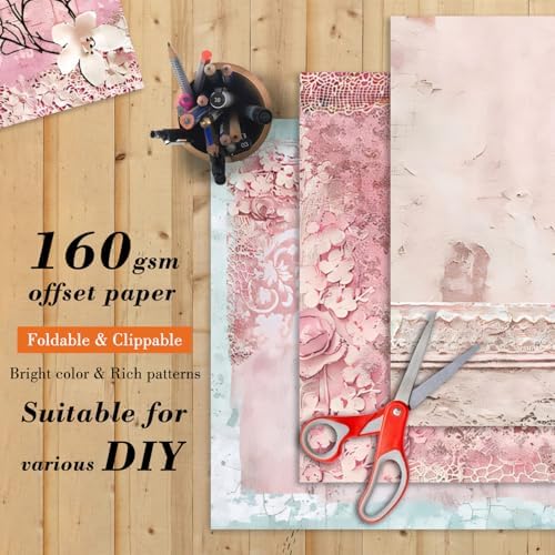 6 Inch Retro Pink Scrapbooking Paper Pad - 24 Sheets Double Sided Aesthetic Design Cards Paper for Photos Album Journals Material Decorative Collage Origami DIY Crafts Gifts Wrapping
