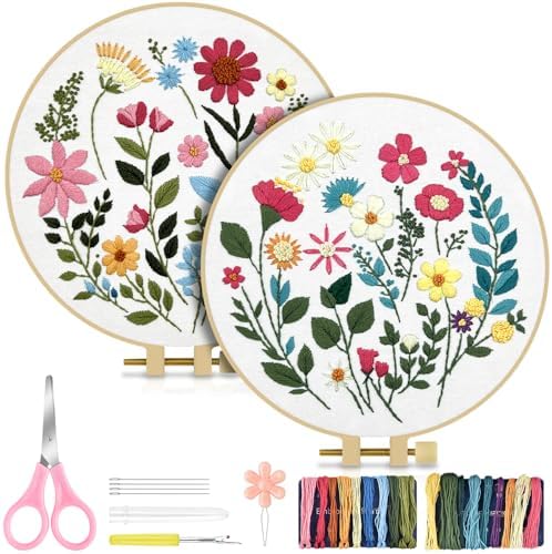 TINDTOP Embroidery Kit for Adult, Owl Embroidery Kit for Beginners Include Embroidery Cloth Hoops Threads for Craft Lover Hand Stitch with Embroidery Skill Techniques (Florals)
