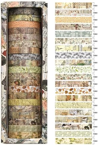 20 Rolls Skinny Vintage Washi Tape Set Retro Arts Adhesive Tapes Basic Patterns Decorative Masking Tape Sets for Craft, Kids, Scrapbook, DIY, Gift Wrapping (Forest Isles)