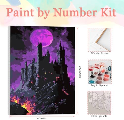 Auremi Halloween Night Paint by Number Kits with Framed, DIY Castle Paint by Number Canvas for Adults, Easy Acrylic in Canvas with Brushes for Decor 20x30cm