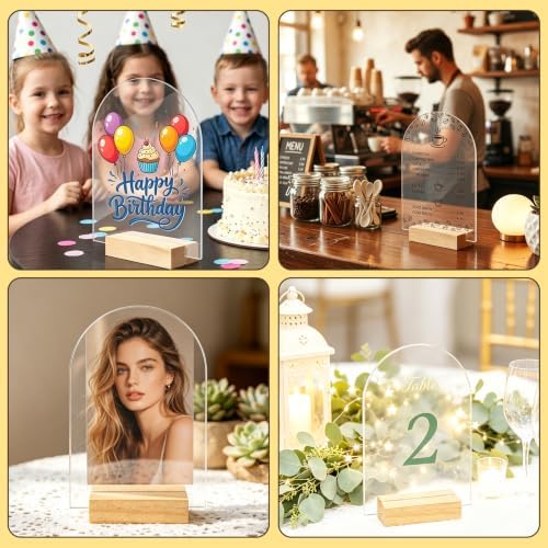 Bercoor 15 Pack 4x6 Inch Blank Clear Arch Acrylic Sign with Wooden Stands, Arched Round Top Acrylic Sheet, DIY Acrylic Arch Table Numbers for DIY Name Card Gifts Event Party Sign Decoration