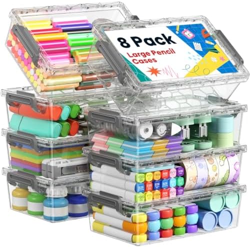 BiuLeon 8 Pack Large Pencil Box Set, Plastic Clear Pencil Case Marker Organizer, Crayon Box Craft Organizers, Stackable Storage Containers with Lid for Pen, Art and Craft Supplies(Grey)