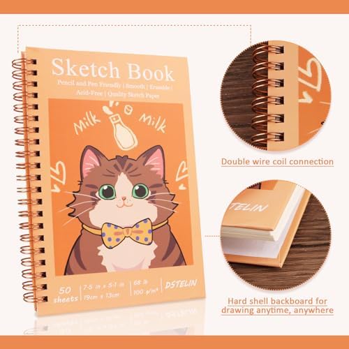 DSTELIN 1 Pack Spiral Bound Sketchbooks (100 GSM Sketch Paper), 50 Sheets per Pack, 7.5" x 5.1" Sketchbook with Yellow Hard Cover for Painting, Drawing and Sketching