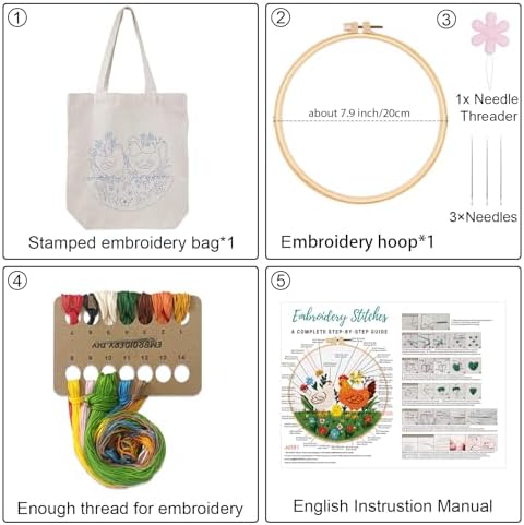 Louise Maelys Embroidery Kit Canvas Tote Bag, Chicken Floral Pattern