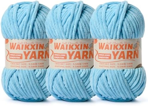 （3 Azure Blue） 3 Pack Super Soft Fuzzy Chenille Chunky Yarn for Crocheting, 300g (261yds) Velvet Fluffy Amigurumi Yarn for Hand Knitting Baby Blankets Weaving Craft