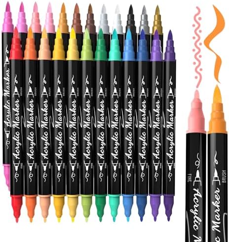 24 Colors Precision Dual Tip Acrylic Paint Markers Pens - Brush & Fine | Performs on Rock, Wood, Paper, Fabric, Egg, Scrapbook, Glass, Ceramic, Canvas, DIY Crafts Art Gift - School Supplies
