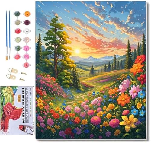 ldazao Landscape Framed Paint by Numbers Kit for Adults, Paint by Number Artist Flowers,Flower DIY Canvas Oil Painting Paint by Number for Gift Home Wall Decor 9.5x12 Inch