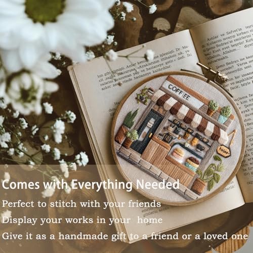 FONNUY Coffee Shop Embroidery Kit, Vintage Cafe Pre-Stamped Pattern Kits Handmade DIY Embroidery Set Suitable for Both Adults and Beginners Color Thread Needlework, 8'' Hoop (Brown)