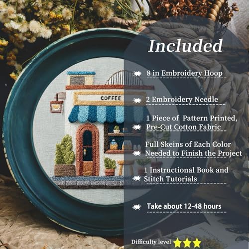 FONNUY Coffee Shop Embroidery Kit, Vintage Cafe Pre-Stamped Pattern Kits Handmade DIY Embroidery Set Suitable for Both Adults and Beginners Color Thread Needlework, 8'' Hoop (Blue)
