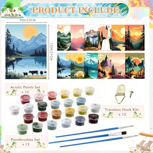Humyoun 12 Pack 9 x 12 Inch Paint by Numbers Kit for Adults Beginners DIY Acrylic Oil Painting Paint by Number Kits Drawing Paintwork on Canvas Without Frame for Home Decor(Mountain Style)