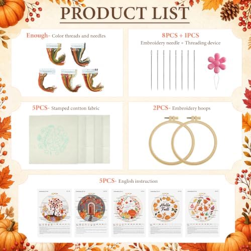 5 Sets Fall Embroidery Kits for Beginners, Autumn Pumpkins and Maple Leaves Embroidery Starter Kit for Adults Thanksgiving Gifts with Stamped Pattern DIY Needlepoint Kit Cross Stitch Set with 2 Hoops