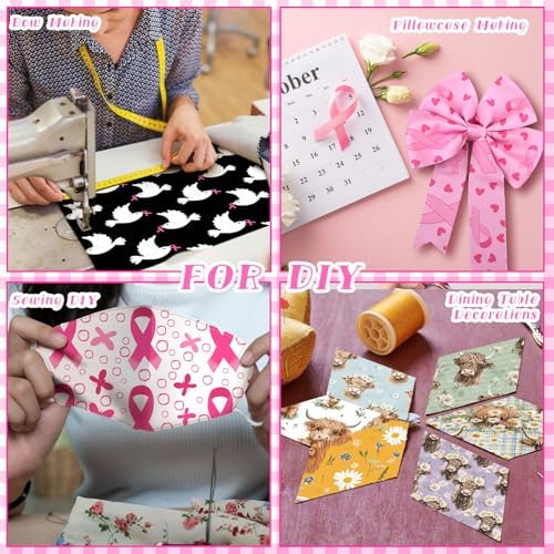 HunnmingRe 20 Pcs 10''x10'' Pink Ribbons Quilting Fabric Square Breast Cancer Awareness Precuts Quilted Fabric Bundle Polka Dot Plaid Printed Sewing Material for Holiday Patchwork DIY Craft Supplies