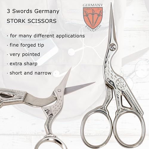 3 Swords Germany - Embroidery Scissors, Stork Scissors Shears for Art Work, Daily Use in Household, Sewing, crocheting, Art Work, Craft, needle work with black Synthetic Leather case