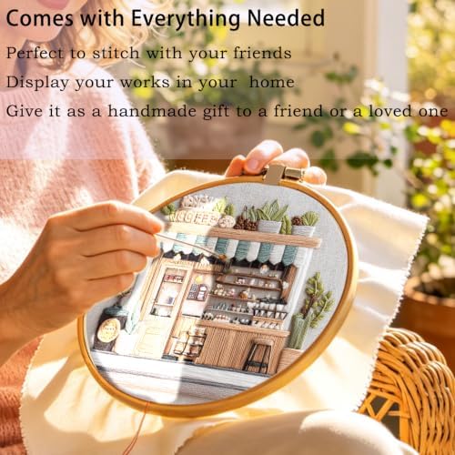 FONNUY Coffee Shop Embroidery Kit, Vintage Cafe Pre-Stamped Pattern Kits Handmade DIY Embroidery Set Suitable for Both Adults and Beginners Color Thread Needlework, 8'' Hoop (SkyBlue)