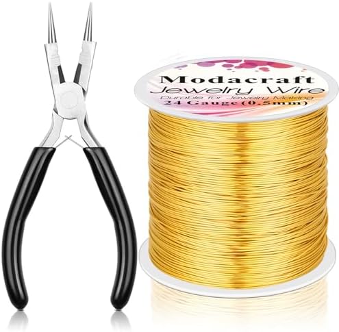 ModaCraft 24 Gauge Sweet Spot Jewelry Wire Gold (213ft/65m) + 4-in-1 Comfort Grip Pliers | Tarnish Proof Copper Craft Wire for Wire Wrapping, Beading & Charm Bracelets | Jewelry Making Starter Kit