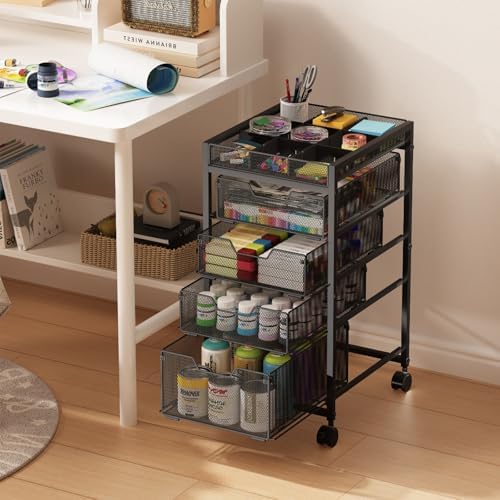 Rolling Utility Cart with 4 Drawers, Craft Organizer and Storage Carts with DIY Divider, Lockable Wheels Storage Organizer for Art Supplies, Store for Brushes & Paints & Small Parts(Patent Pending)