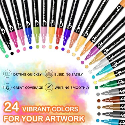 TANMIT 24 Colors Acrylic Paint Markers, Dual Tip Acrylic Paint Pens with Dot & Fine Tips For Fabric, Rock, Wood, Glass, Eggs, Scrapbook, DIY Crafts Making Art Supplies - Teacher Appreciation Gift