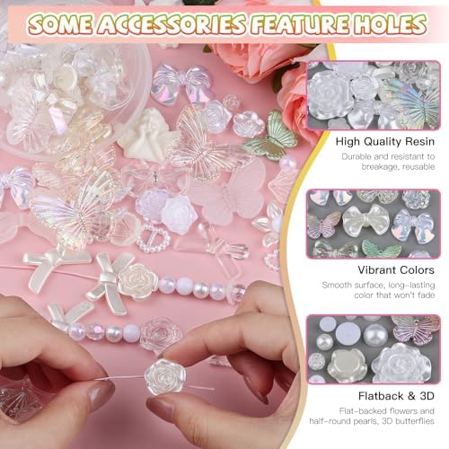 350 Pieces 3D Resin ABS Colorful Rose Flower Bows Butterfly Charms with Flatback Half Round Pearl Beads for Bracelet Earring Necklace Craft DIY Making Supplies