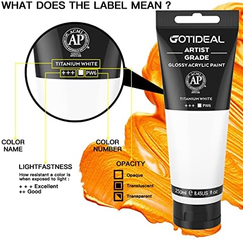 GOTIDEAL Acrylic Paint Titanium White Tubes(250ml, 8.79 oz) | Non Toxic, Non Fading, Rich Pigments,for Painters, Adults & Kids,Ideal for Canvas Wood Clay Fabric Ceramic Craft Supplies