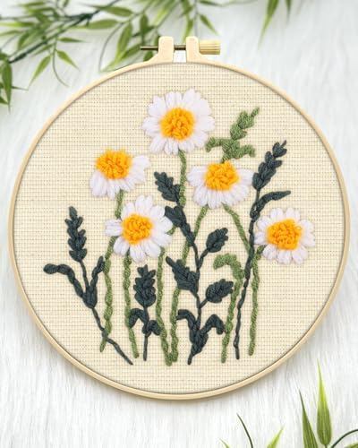 ERKOON Punch Needle Kit Beginners Adults, DIY Easy Flower Embroidery Set for Starter Art Craft, Needling Punching Project with Patterns, Tools, Yarns, Hoop, Instruction (Daisy)
