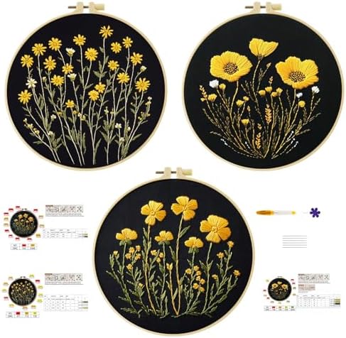 57lilina Embroidery Kit for Beginners, Pack of 3 with Hoop, Threads, Needle