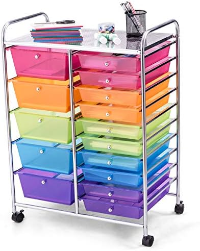 GOFLAME 15-Drawer Rolling Storage Cart, Craft Storage Cart with Removable Drawers & Lockable Wheels, Art Cart Supply Storage Organizer for Home Office Classroom, Rainbow